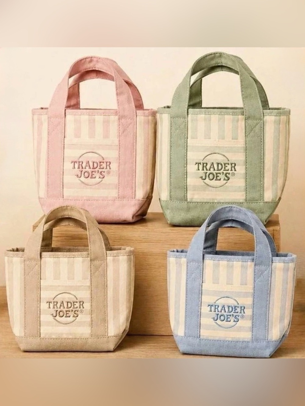 NWT Trader Joes - Set of 4 Striped Canvas Mini Tote - Pink, Green, Beige, Blue
